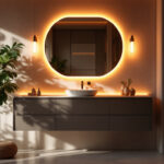 A photograph of a beautifully designed bathroom vanity illuminated by stylish