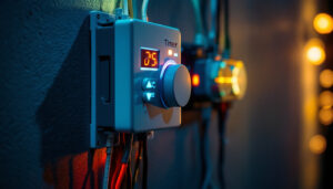A photograph of a close-up of a timer switch battery wall installation