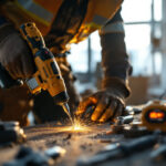 A photograph of a skilled lighting contractor using a variety of electric tools on a job site