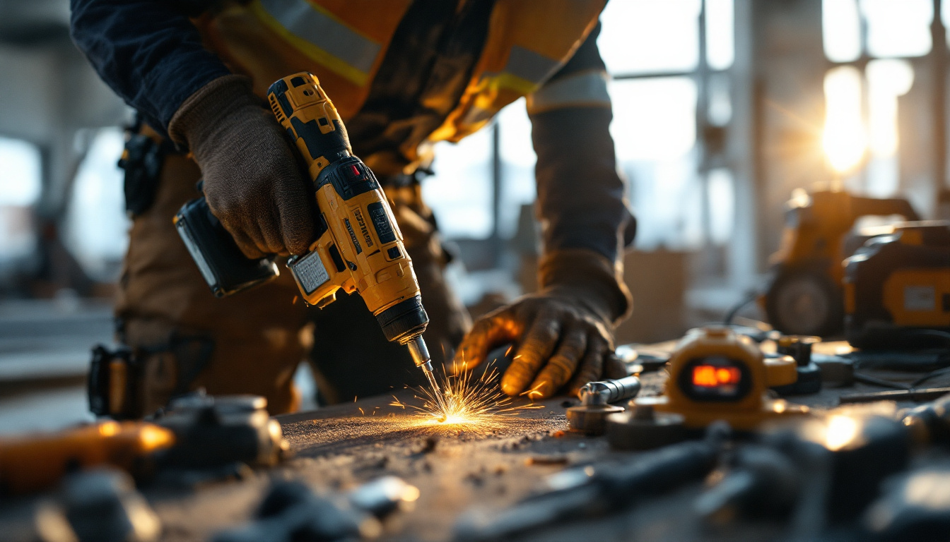 A photograph of a skilled lighting contractor using a variety of electric tools on a job site