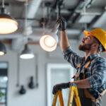 A photograph of a skilled lighting contractor in action