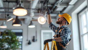 A photograph of a skilled lighting contractor in action