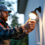 A photograph of a lighting contractor installing a motion-activated light outdoors