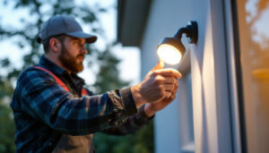 A photograph of a lighting contractor installing a motion-activated light outdoors