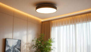 A photograph of a beautifully designed flush light fixture installed in a modern interior setting