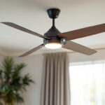 A photograph of a stylish ceiling fan in a well-lit