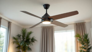 A photograph of a stylish ceiling fan in a well-lit