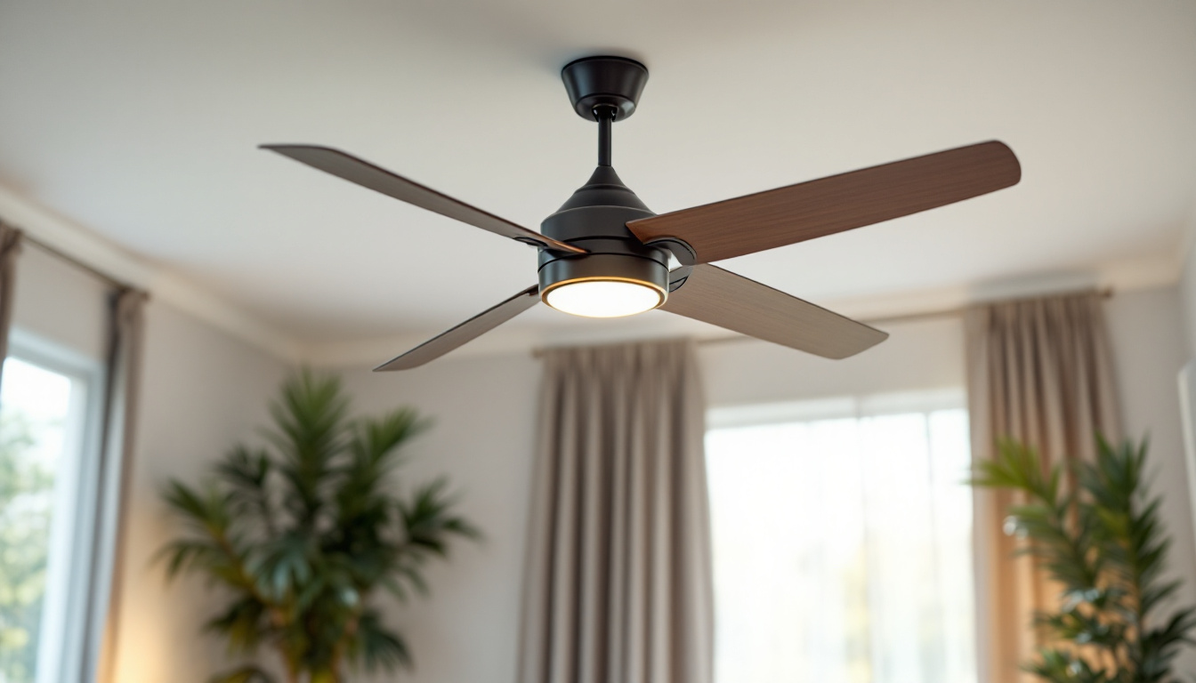 A photograph of a stylish ceiling fan in a well-lit