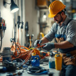 A photograph of a lighting contractor efficiently organizing and installing power cables at a job site