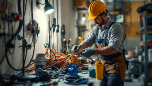 A photograph of a lighting contractor efficiently organizing and installing power cables at a job site