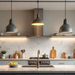 A photograph of a well-designed kitchen featuring stylish ceiling light fixtures that highlight the space