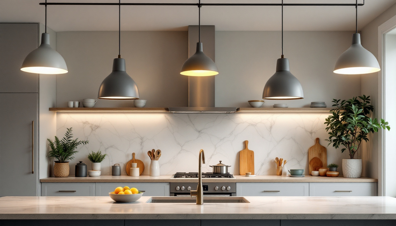 A photograph of a well-designed kitchen featuring stylish ceiling light fixtures that highlight the space