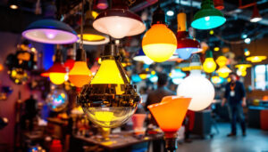 A photograph of a vibrant display of various metal halide lamps in a well-lit environment