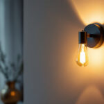 A photograph of a beautifully designed wall sconce illuminated in a stylish interior setting