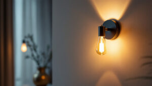 A photograph of a beautifully designed wall sconce illuminated in a stylish interior setting