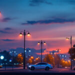 A photograph of a well-lit urban street scene featuring a variety of light poles