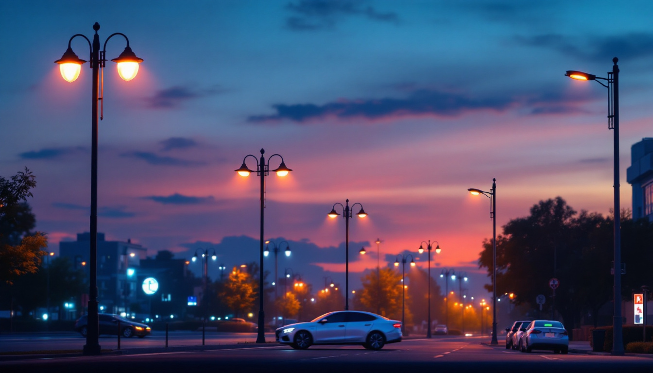 A photograph of a well-lit urban street scene featuring a variety of light poles