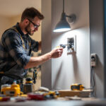 A photograph of a lighting contractor expertly installing a junction box extension in a well-lit residential setting