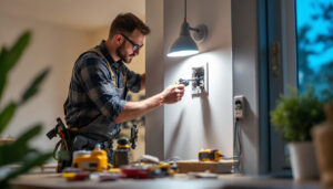 A photograph of a lighting contractor expertly installing a junction box extension in a well-lit residential setting
