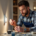 A photograph of a lighting contractor examining a toggle light switch in a residential setting