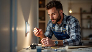 A photograph of a lighting contractor examining a toggle light switch in a residential setting