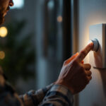 A photograph of a lighting contractor expertly installing or adjusting a stylish dimmer switch in a modern home setting