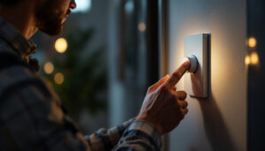 A photograph of a lighting contractor expertly installing or adjusting a stylish dimmer switch in a modern home setting