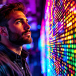 A photograph of a professional lighting designer examining a vibrant led light display in a modern setting