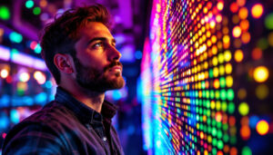 A photograph of a professional lighting designer examining a vibrant led light display in a modern setting
