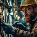 A photograph of a skilled lighting contractor using specialized tools to run vehicle wires