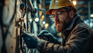 A photograph of a skilled lighting contractor using specialized tools to run vehicle wires