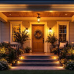 A photograph of a beautifully illuminated outdoor porch featuring a variety of stylish porch lights