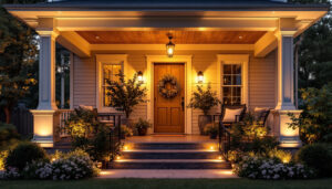 A photograph of a beautifully illuminated outdoor porch featuring a variety of stylish porch lights