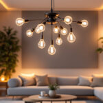 A photograph of a stylish light chandelier installed in a modern living space