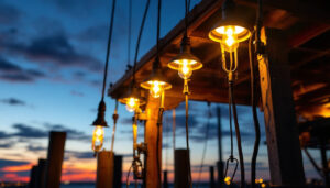 A photograph of a lighting contractor installing dock lights at dusk