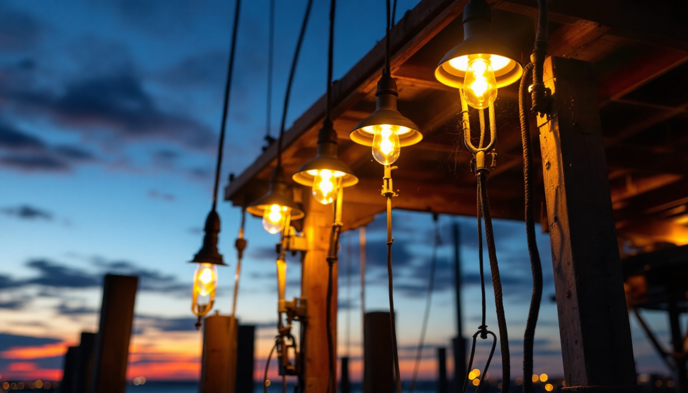 A photograph of a lighting contractor installing dock lights at dusk