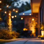 A photograph of a well-lit outdoor space showcasing various styles of can lights installed in a residential setting