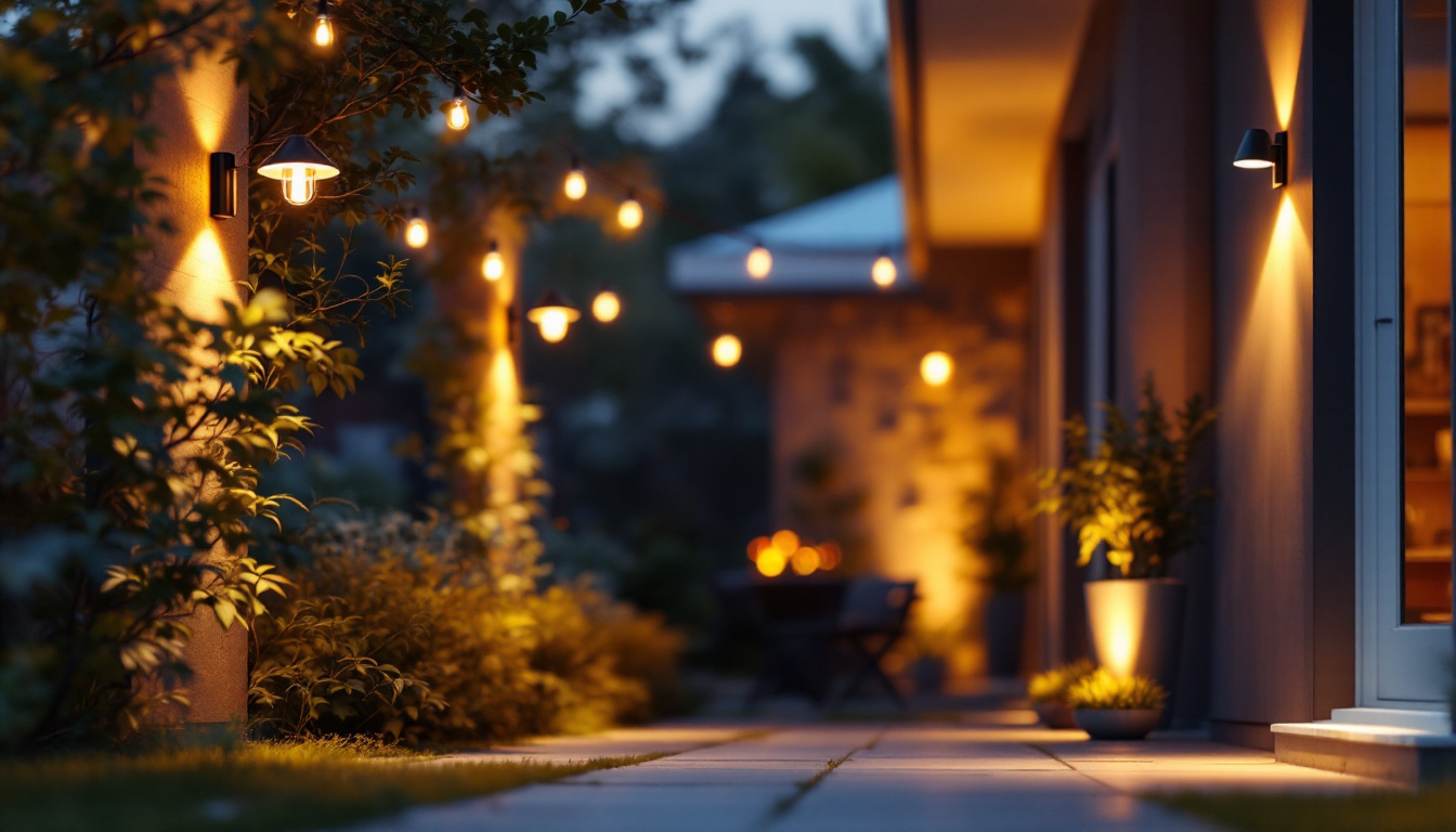 A photograph of a well-lit outdoor space showcasing various styles of can lights installed in a residential setting