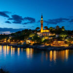 A photograph of a beautifully illuminated island landscape at dusk