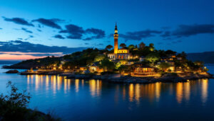 A photograph of a beautifully illuminated island landscape at dusk