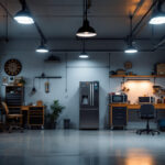 A photograph of a well-lit garage showcasing various types of lighting fixtures