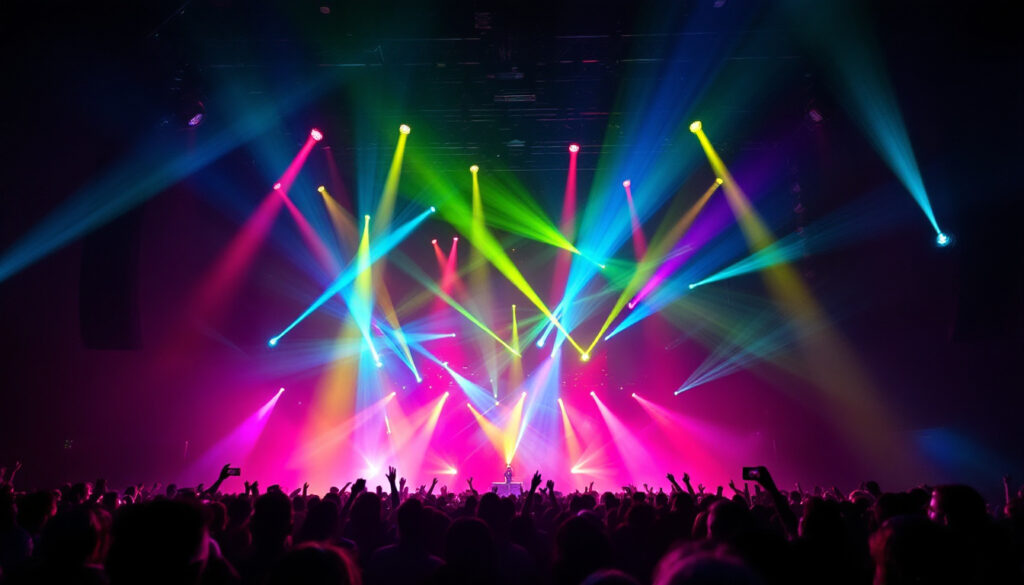 A photograph of a dynamic concert scene showcasing an array of vibrant light fixtures illuminating the stage and audience