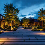 A photograph of a beautifully lit outdoor space at dusk