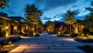A photograph of a beautifully lit outdoor space at dusk