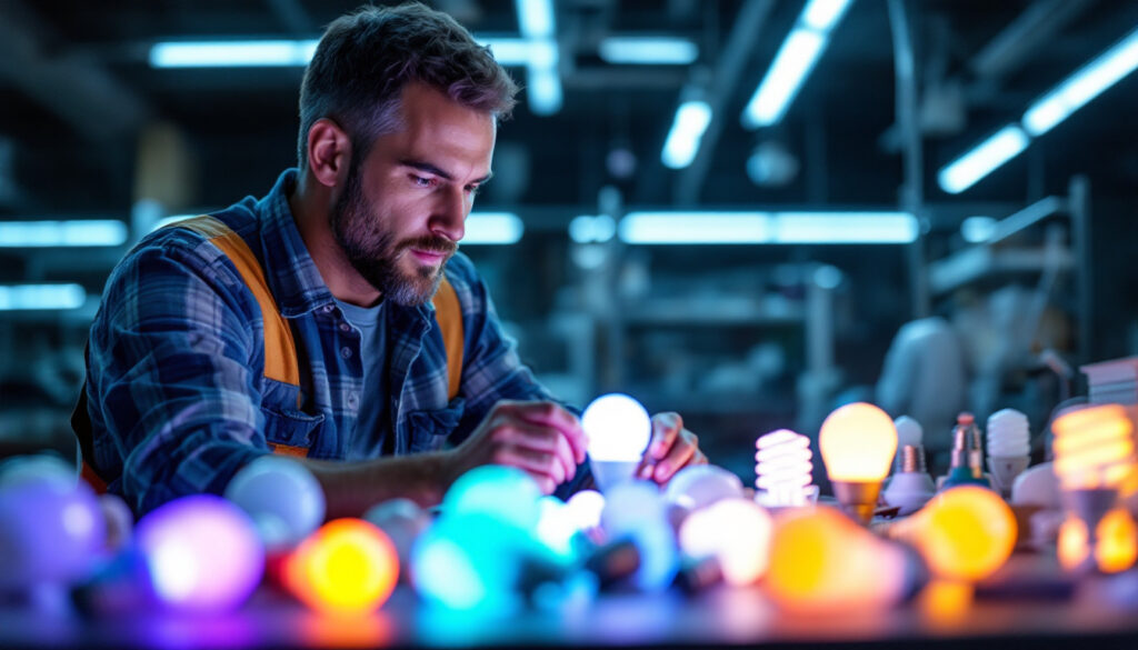 A photograph of a lighting contractor examining a variety of fluorescent bulbs in a well-lit workspace