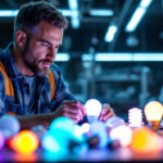 A photograph of a lighting contractor examining a variety of fluorescent bulbs in a well-lit workspace