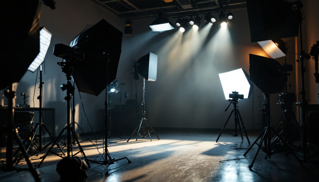 A photograph of a well-lit film set showcasing various lighting setups and equipment