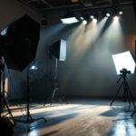 A photograph of a well-lit film set showcasing various lighting setups and equipment