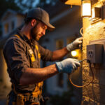 A photograph of a skilled lighting contractor installing an exterior outlet box on a residential property