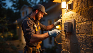 A photograph of a skilled lighting contractor installing an exterior outlet box on a residential property